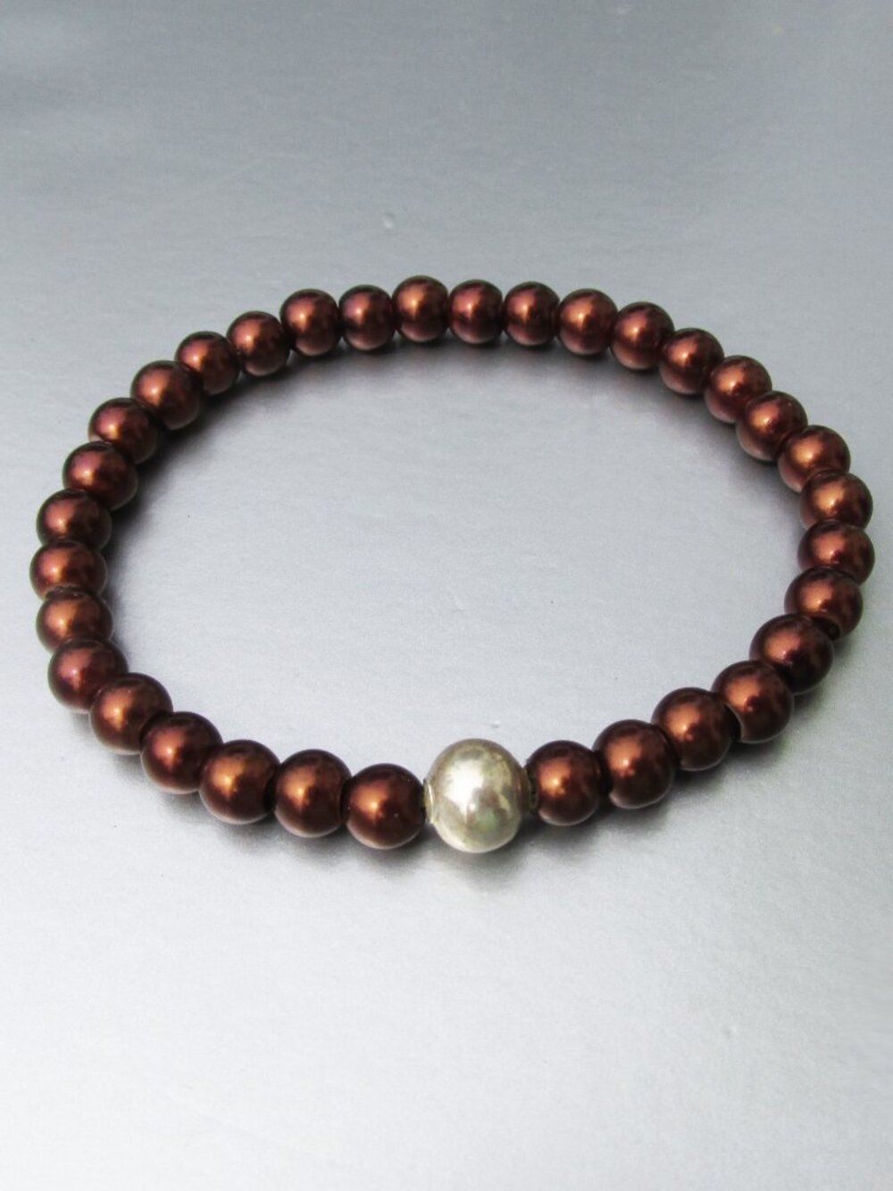 Vintage Sterling Silver Bead & Dark Bronze PEARL Stretch Bracelet